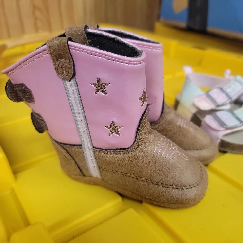Lil Boot Barn Pink Star Cowboy Boots & Carters Glitter Rainbow Sandals Size 4